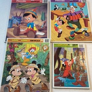 Vintage Disney Golden Frame Tray Puzzles Mickey Mouse & Pinocchio